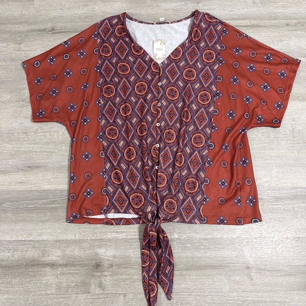 Weekend Suzanne Betro Blouse Women’s Large Geometric Dolman Button Front Top NWT